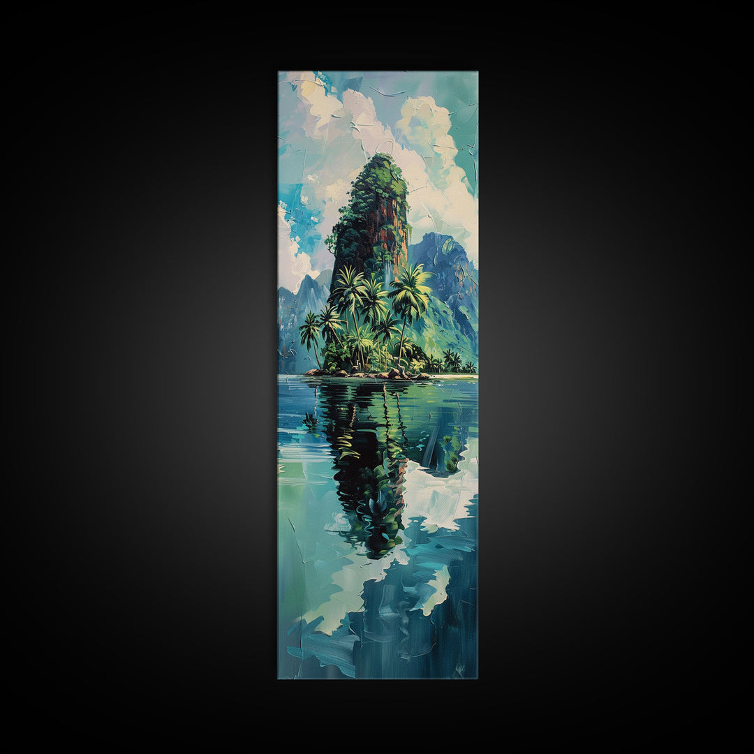Tropical Island Paradise Scene With Mountain Reflections Skinny Art Framed Canvas Print For Living Room Or Bedroom Wall Art