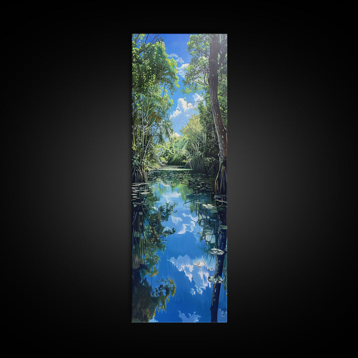 Majestic Waterfall In A Tropical Jungle Skinny Art Framed Canvas Print For Living Room Or Guest Room Wall Art