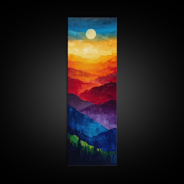 Colorful Mountains Under Moonlight - Framed Canvas Print, Skinny Tall Art, Wall Art for Living Room, Bedroom Decor, Landscape Painting, Panoramic Art