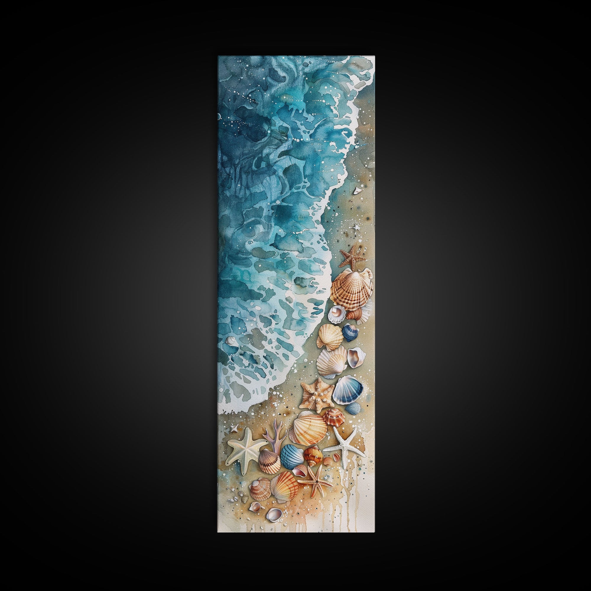 Coastal Beach Watercolor Painting - Framed Canvas Print, Skinny Tall Art, Wall Art for Living Room, Bedroom Decor, Beach Scene Art, Ocean View Print