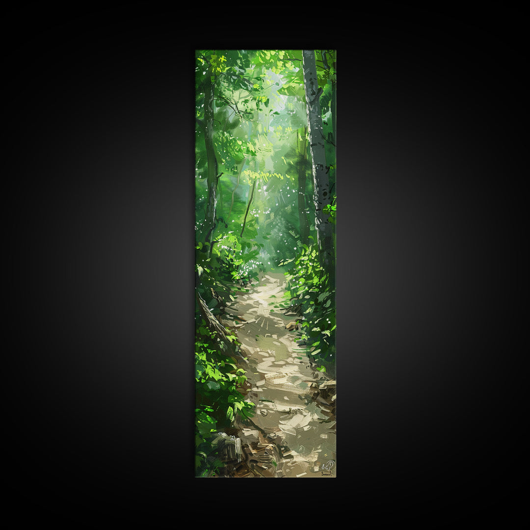 Lush Forest Pathway Art - Framed Canvas Print, Farmhouse Art, Boho Art, Skinny Art, Tall Art, Living Room Decor, Nature Wall Art for Home Decor