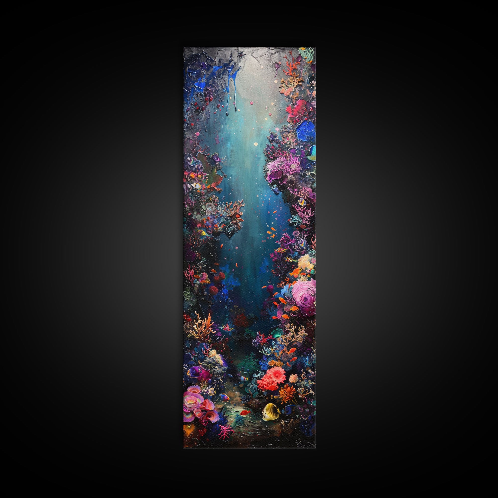 Deep Sea Adventure with Colorful Coral Reefs, Skinny and Tall Art, Stunning Framed Canvas Print, Underwater Landscape Wall Art
