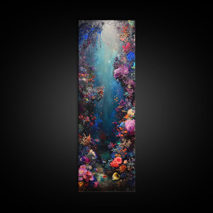 Deep Sea Adventure with Colorful Coral Reefs, Skinny and Tall Art, Stunning Framed Canvas Print, Underwater Landscape Wall Art