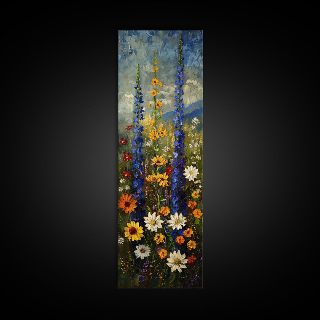 Lush Wildflowers in a Vibrant Meadow, Skinny and Tall Art, Colorful Floral Landscape, Framed Canvas Print, Nature Lovers