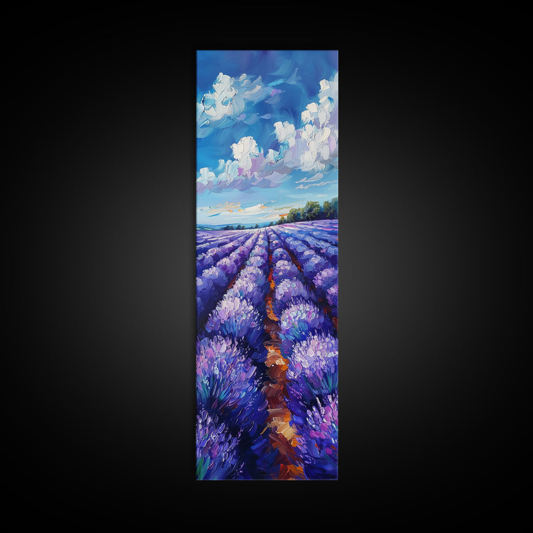 Expansive Lavender Fields Under a Bright Sky, Skinny and Tall Art, Bold Framed Canvas Print, Landscape Wall Art