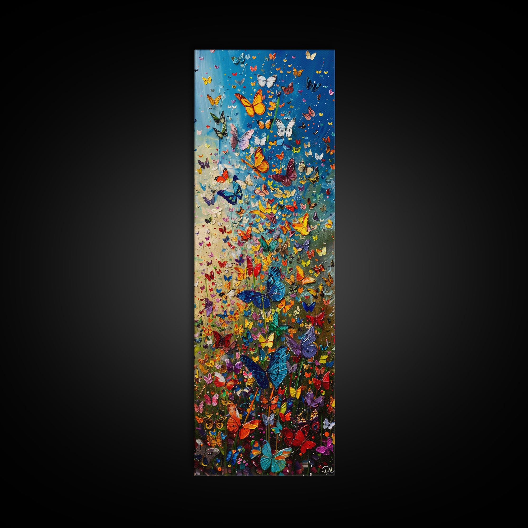 Burst of Colorful Butterflies in a Floral Meadow, Skinny and Tall Art, Energetic Framed Canvas Print, Vibrant Wall Art