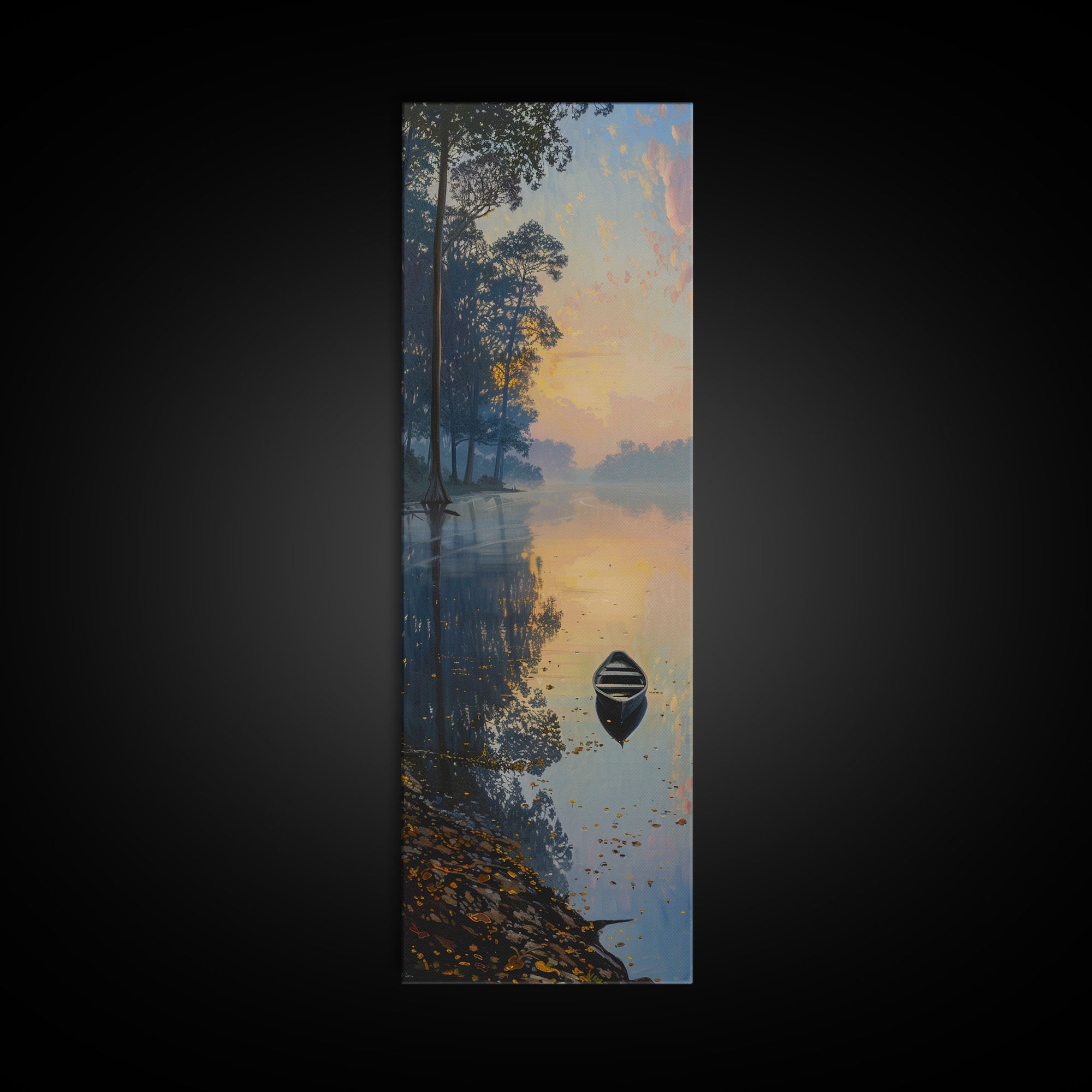 Calm River Reflection with a Lone Boat, Skinny and Tall Art, Serene Landscape Framed Canvas Print, Tranquil Wall Art