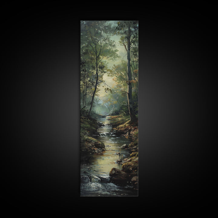 Peaceful Forest Stream in the Early Morning Light, Skinny and Tall Art, Framed Canvas Print, Cozy Wall Art Decor