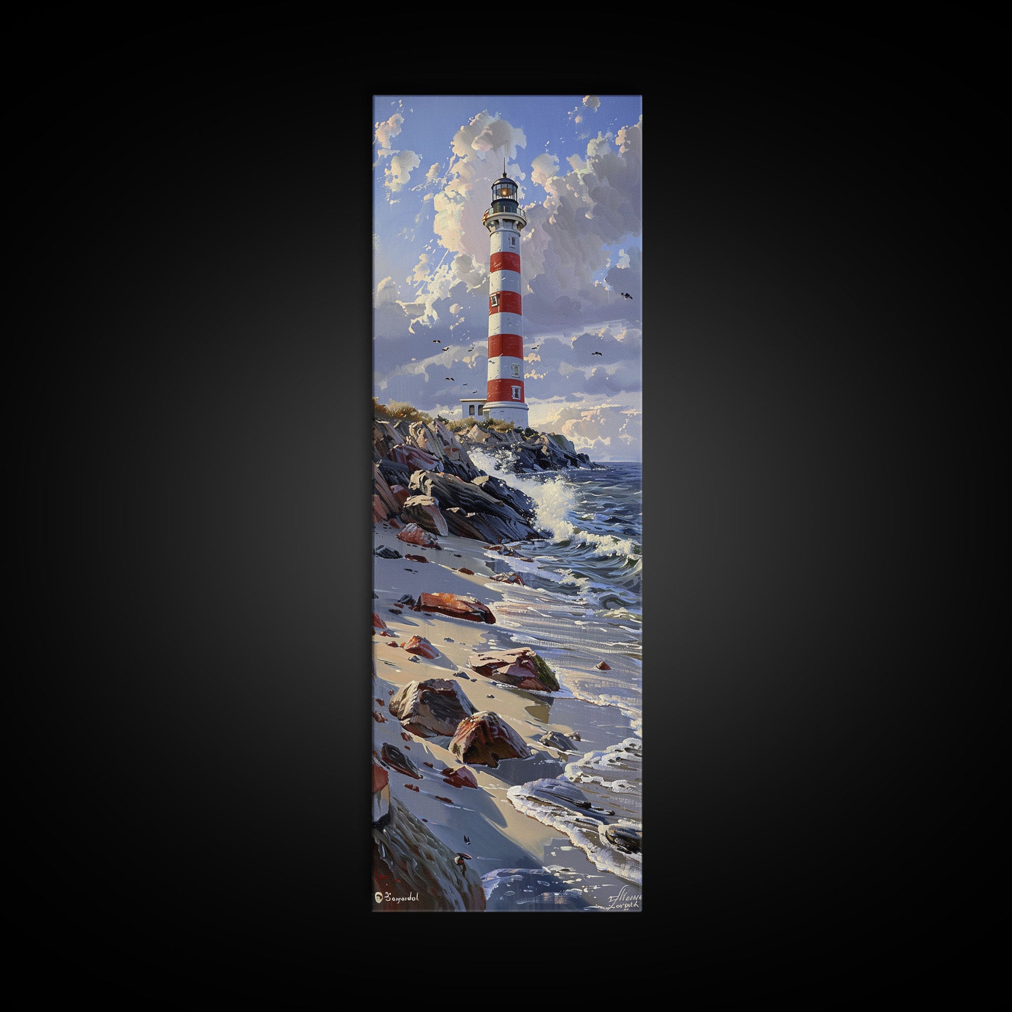Framed Canvas Print Skinny Art of a Majestic Lighthouse Standing Tall Against a Bright Blue Sky with Waves Crashing on Rocky Shores, Perfect Tall Art