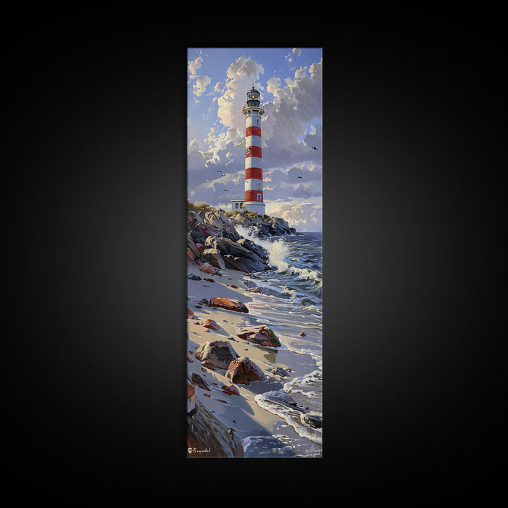 Framed Canvas Print Skinny Art of a Majestic Lighthouse Standing Tall Against a Bright Blue Sky with Waves Crashing on Rocky Shores, Perfect Tall Art