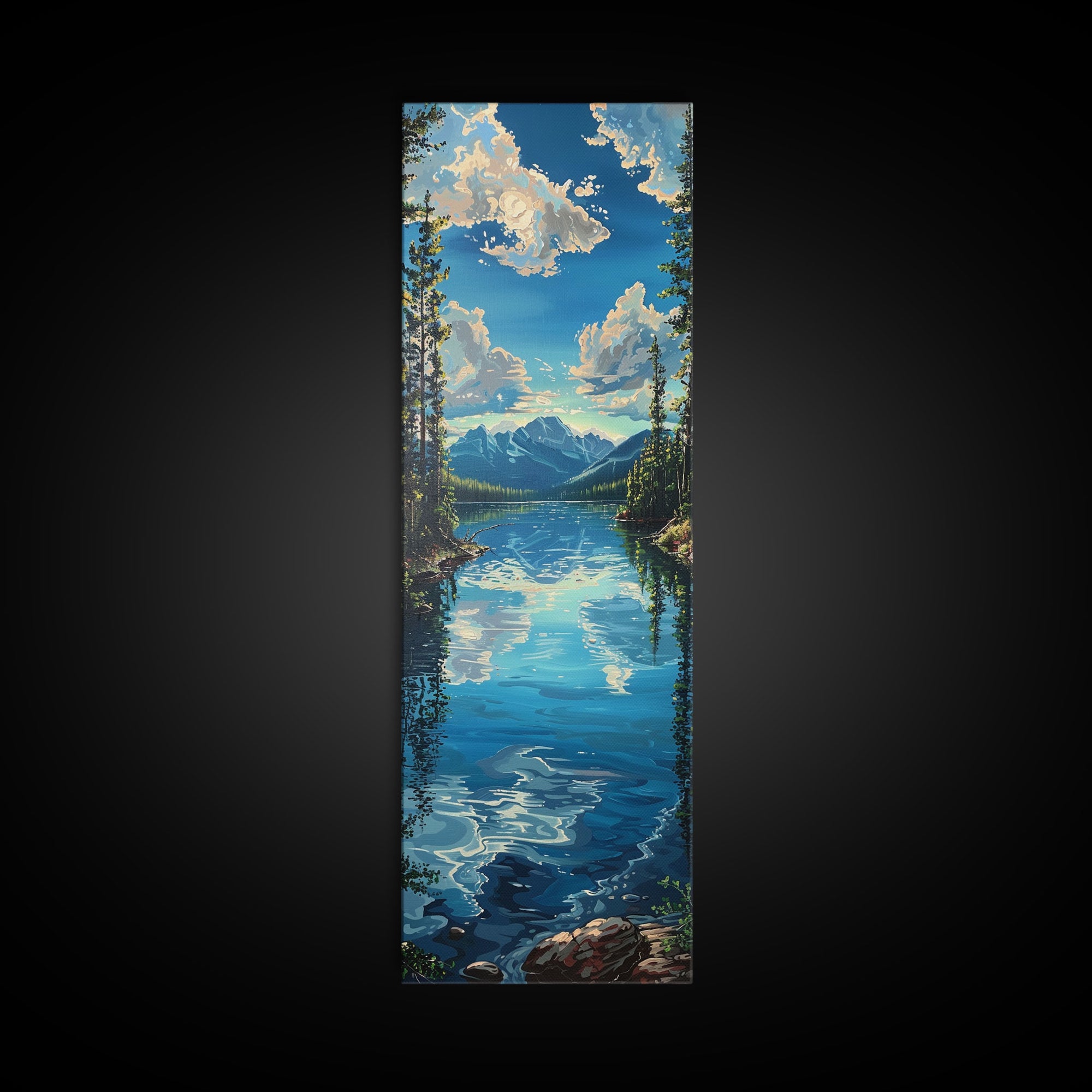 Framed Canvas Print Skinny Art of a Clear Lake Surrounded by Pine Trees with Majestic Mountains in the Distance Under a Blue Sky, Ideal Tall Landscape Art