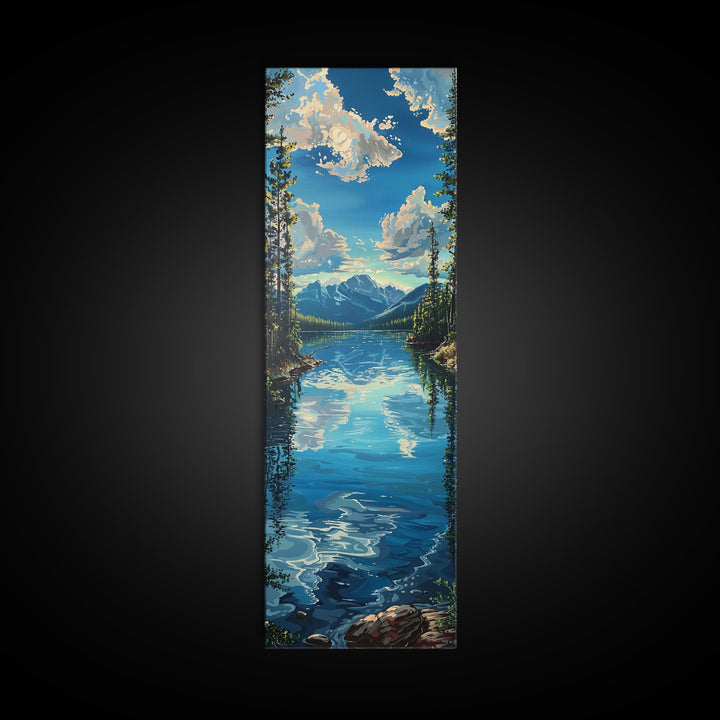 Framed Canvas Print Skinny Art of a Clear Lake Surrounded by Pine Trees with Majestic Mountains in the Distance Under a Blue Sky, Ideal Tall Landscape Art