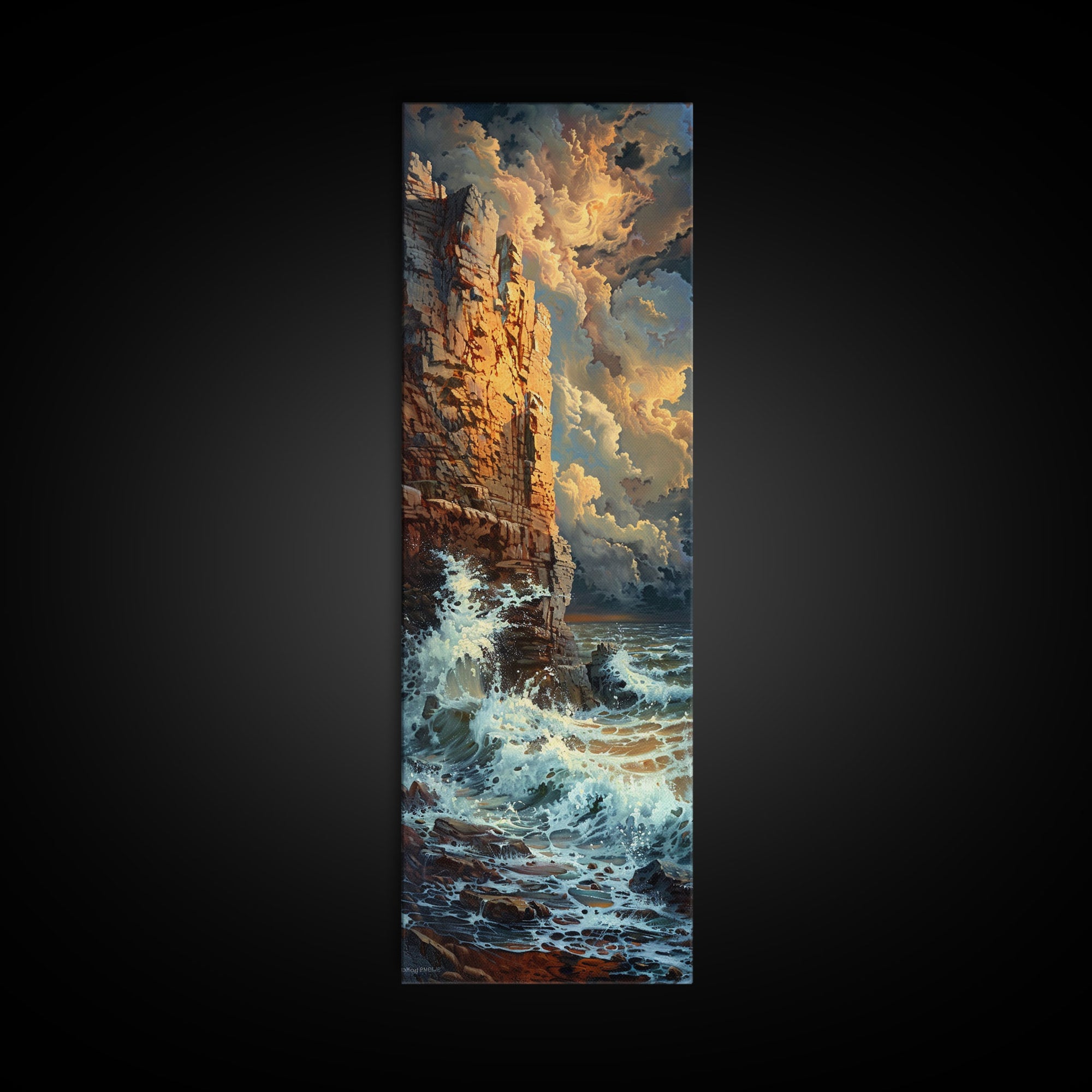 Majestic Cliffside and Crashing Waves in a Coastal Landscape on a Framed Canvas Print Tall Art Piece