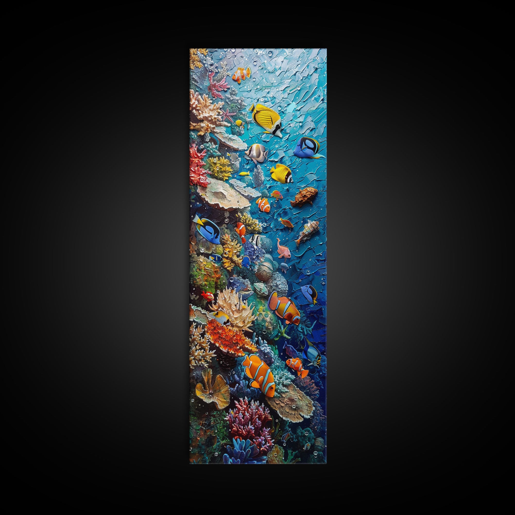 Vibrant Coral Reef Underwater Scene Featuring Diverse Tropical Fish on a Framed Canvas Print Skinny Art Piece