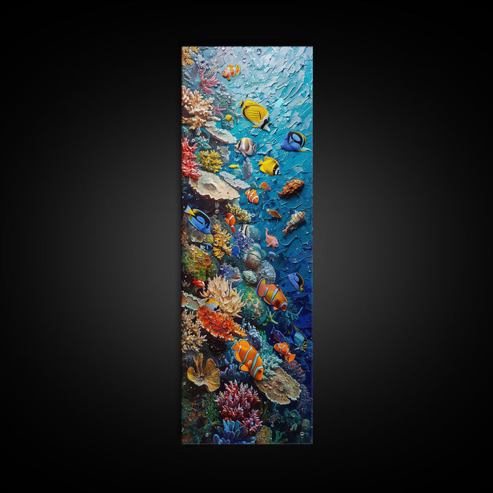 Vibrant Coral Reef Underwater Scene Featuring Diverse Tropical Fish on a Framed Canvas Print Skinny Art Piece