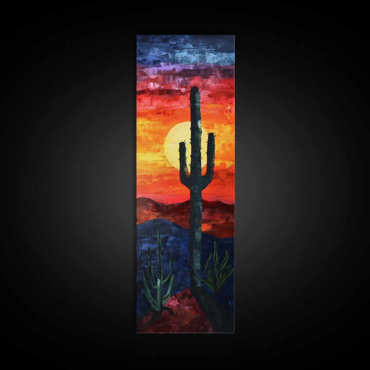 Desert Landscape with Saguaro Cactus Silhouette Against a Fiery Sunset on a Framed Canvas Print Skinny Art Piece