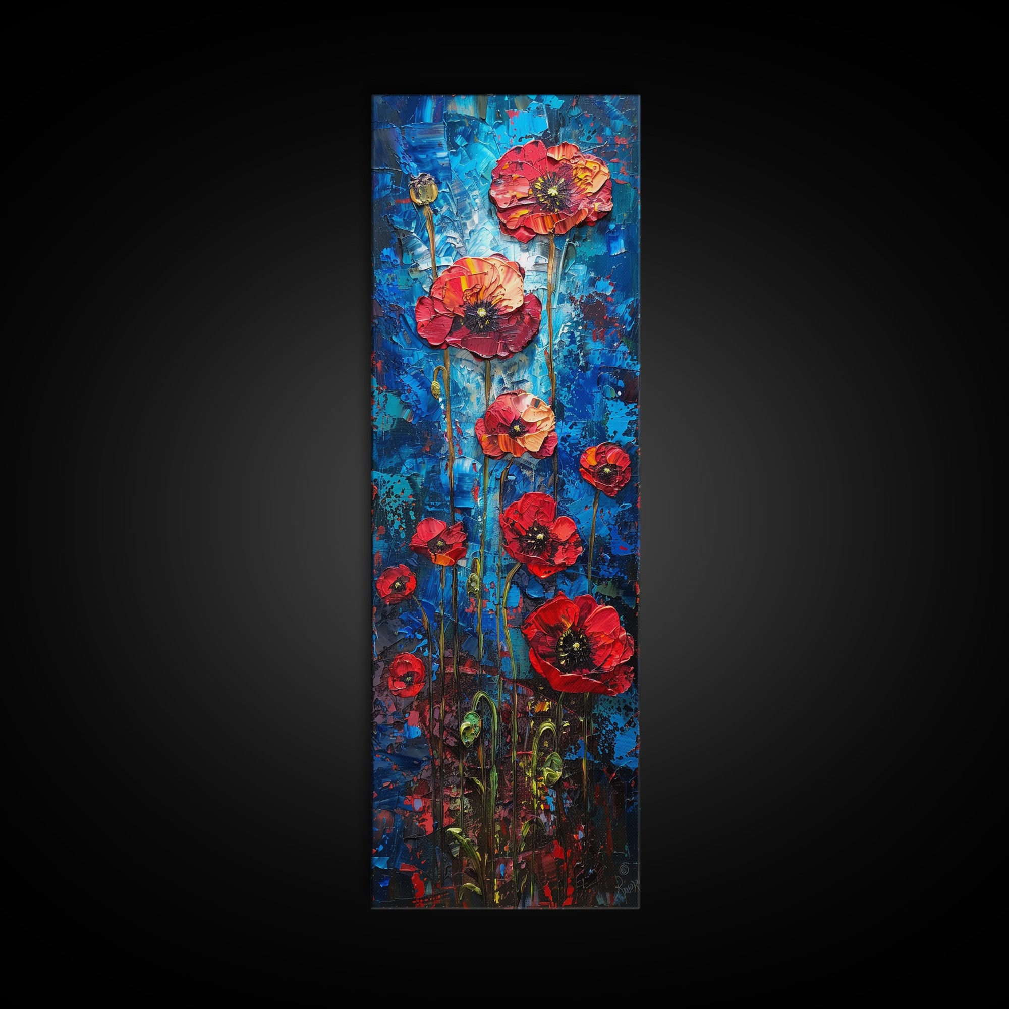 Red Poppies on Textured Blue Canvas as Tall Skinny Art Framed Canvas Print Perfect for Bold Wall Decor in Modern Spaces