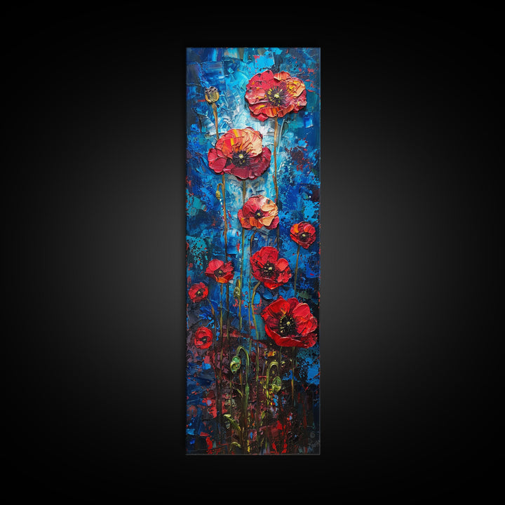 Red Poppies on Textured Blue Canvas as Tall Skinny Art Framed Canvas Print Perfect for Bold Wall Decor in Modern Spaces