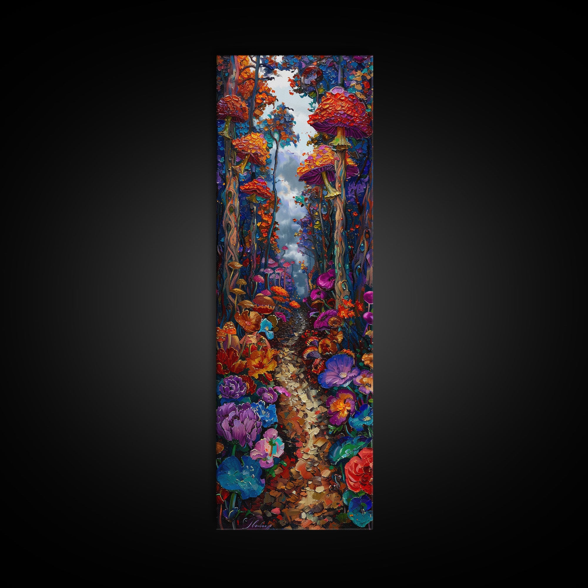Fantasy Forest Pathway with Giant Mushrooms as Tall Skinny Art Framed Canvas Print for Whimsical Wall Decor in Unique Spaces
