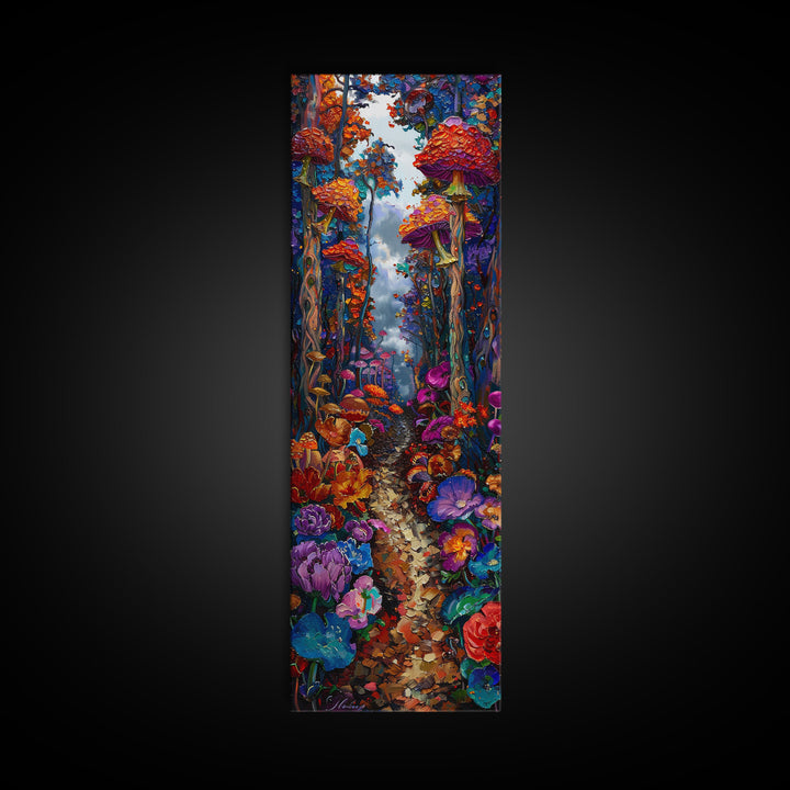 Fantasy Forest Pathway with Giant Mushrooms as Tall Skinny Art Framed Canvas Print for Whimsical Wall Decor in Unique Spaces