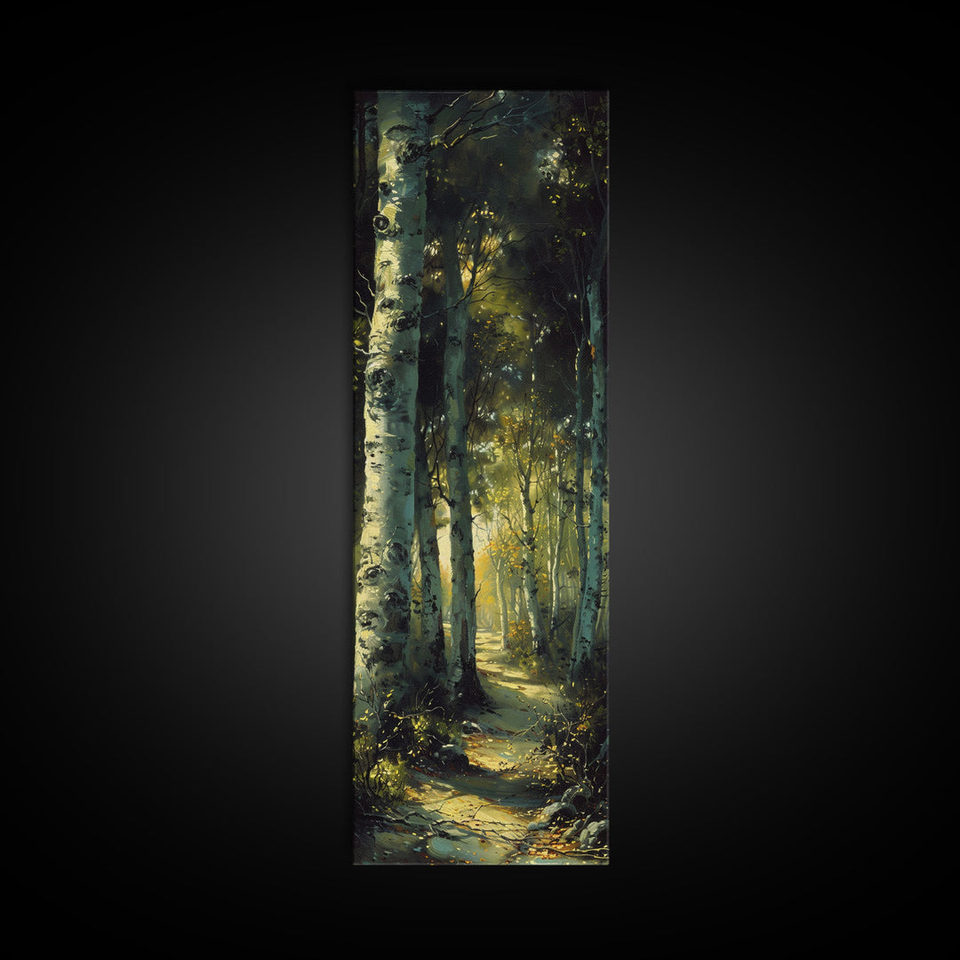 Serene Birch Tree Pathway in Tall Skinny Art Framed Canvas Print Perfect for Tranquil Wall Decor in Bedrooms or Study Rooms