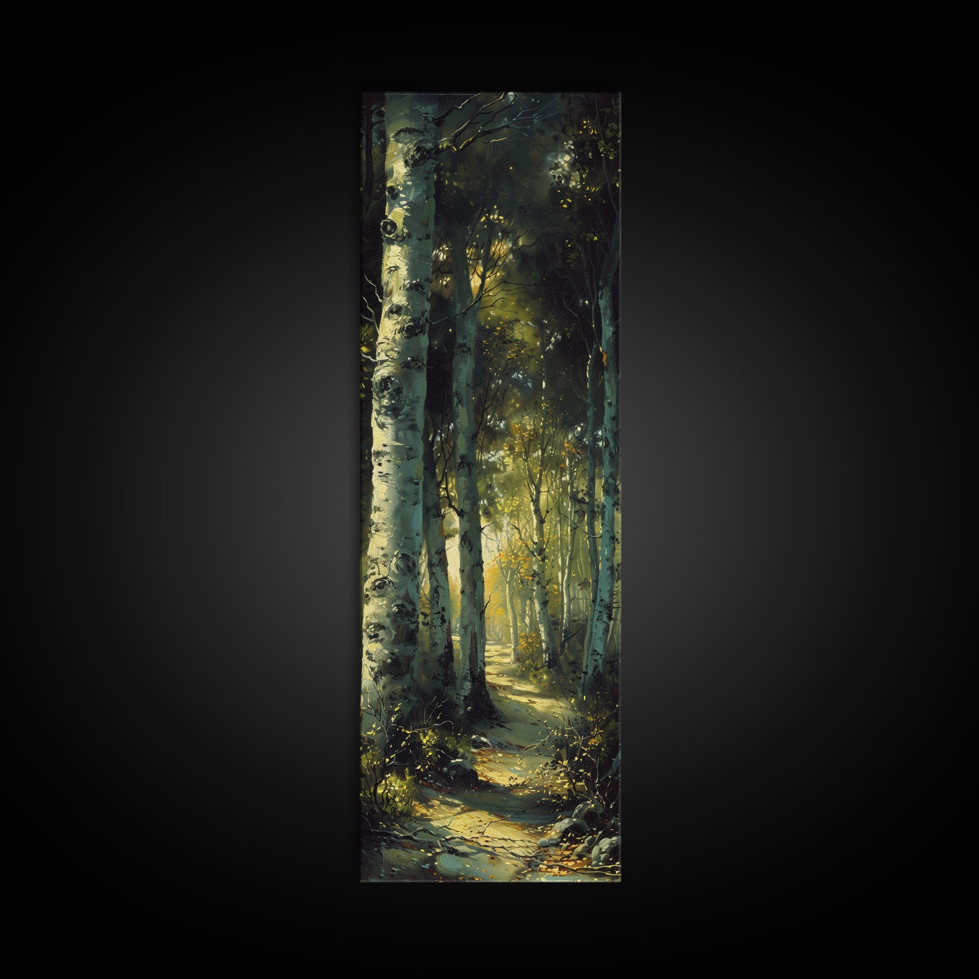 Serene Birch Tree Pathway in Tall Skinny Art Framed Canvas Print Perfect for Tranquil Wall Decor in Bedrooms or Study Rooms