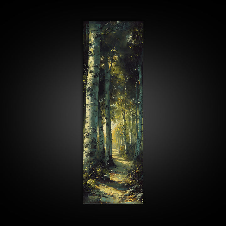 Serene Birch Tree Pathway in Tall Skinny Art Framed Canvas Print Perfect for Tranquil Wall Decor in Bedrooms or Study Rooms