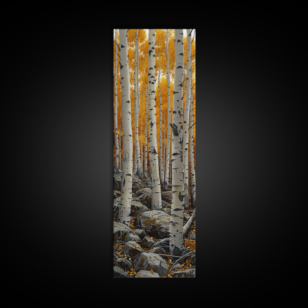 Birch Tree Forest, Framed Canvas Print, Skinny / Tall Wall Art, Living Room Decor, Landscape Painting, Nature Decor