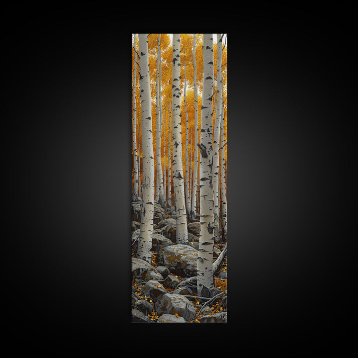 Birch Tree Forest, Framed Canvas Print, Skinny / Tall Wall Art, Living Room Decor, Landscape Painting, Nature Decor