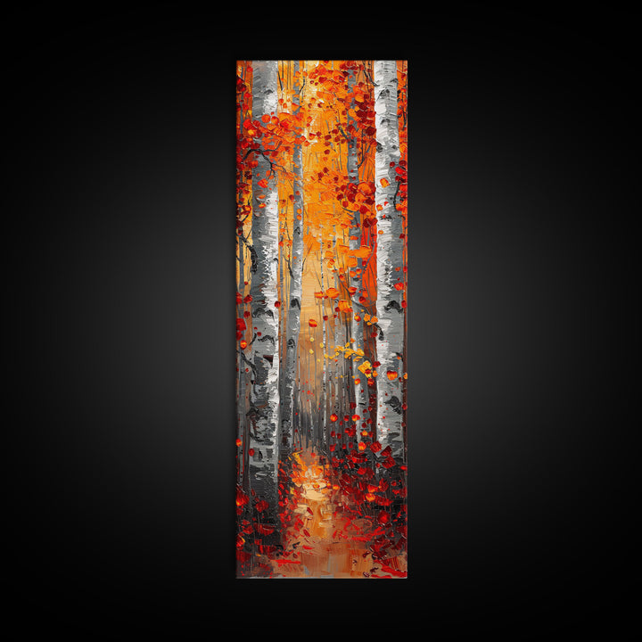 Fall Birch Tree Forest, Framed Canvas Print, Skinny / Tall Wall Art, Living Room Decor, Landscape Painting, Nature Decor