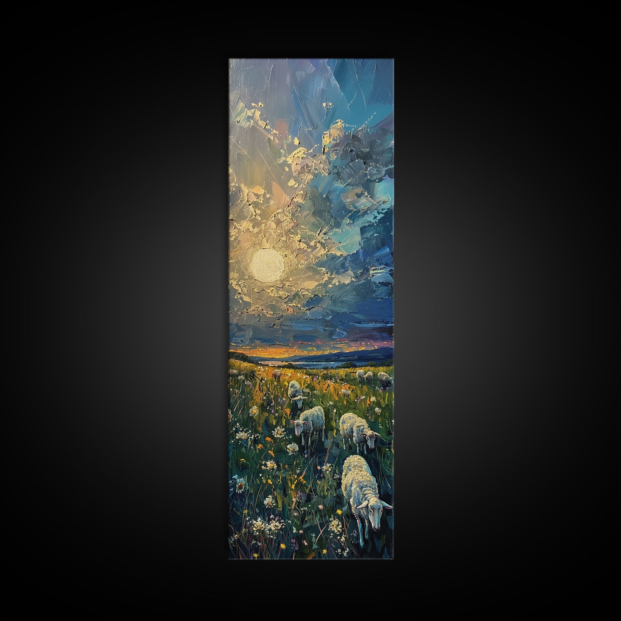 Lambs At Sunset Farmhouse Decor, Framed Canvas Print, Unique Wall Art, Skinny Art, Tall Wall Art, Art For Small Spaces