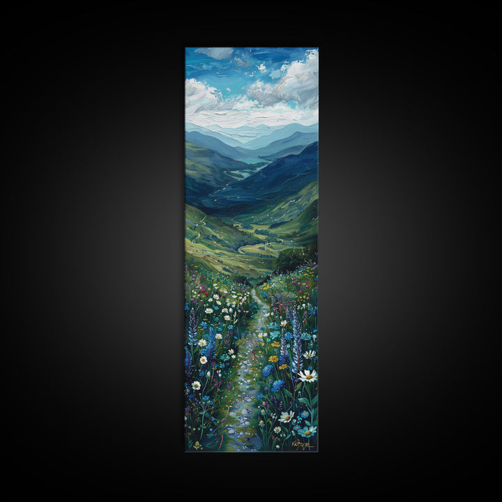 Secret Path Through The Wild Flowers, Framed Canvas Print, Unique Wall Art, Minimalist Landscape Painting, Wood Frame Art, Sofa Decor, Springtime Art