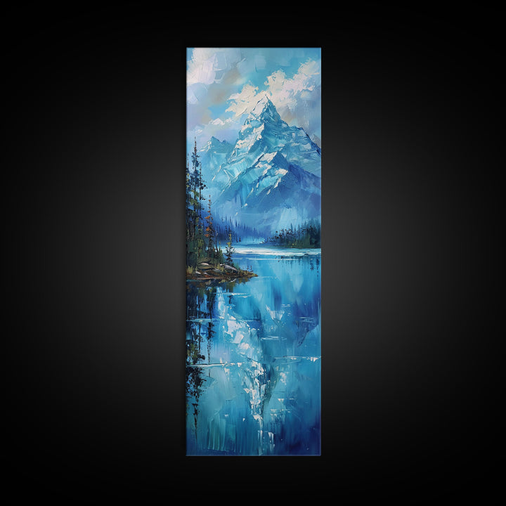 Mountain Reflections In The Lake Framed Canvas Print, Boho Style Oil Painting Print, Minimalist Decor, Unique Gift Idea, Skinny Art For Small Spaces
