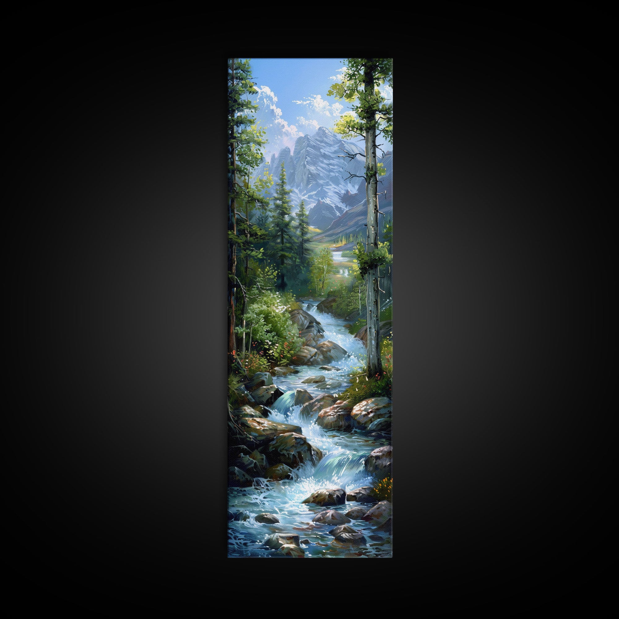 Majestic Mountain Stream In A Serene Forest Landscape, Farmhouse And Minimalist Art Style, Boho Wall Art In Tall Canvas Print