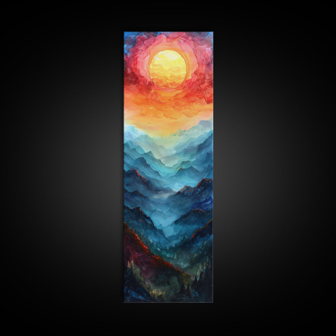 Majestic Sunrise Over Mountain Range Boho Sunset Landscape Framed Canvas Print Tall Art Japanese Style Art