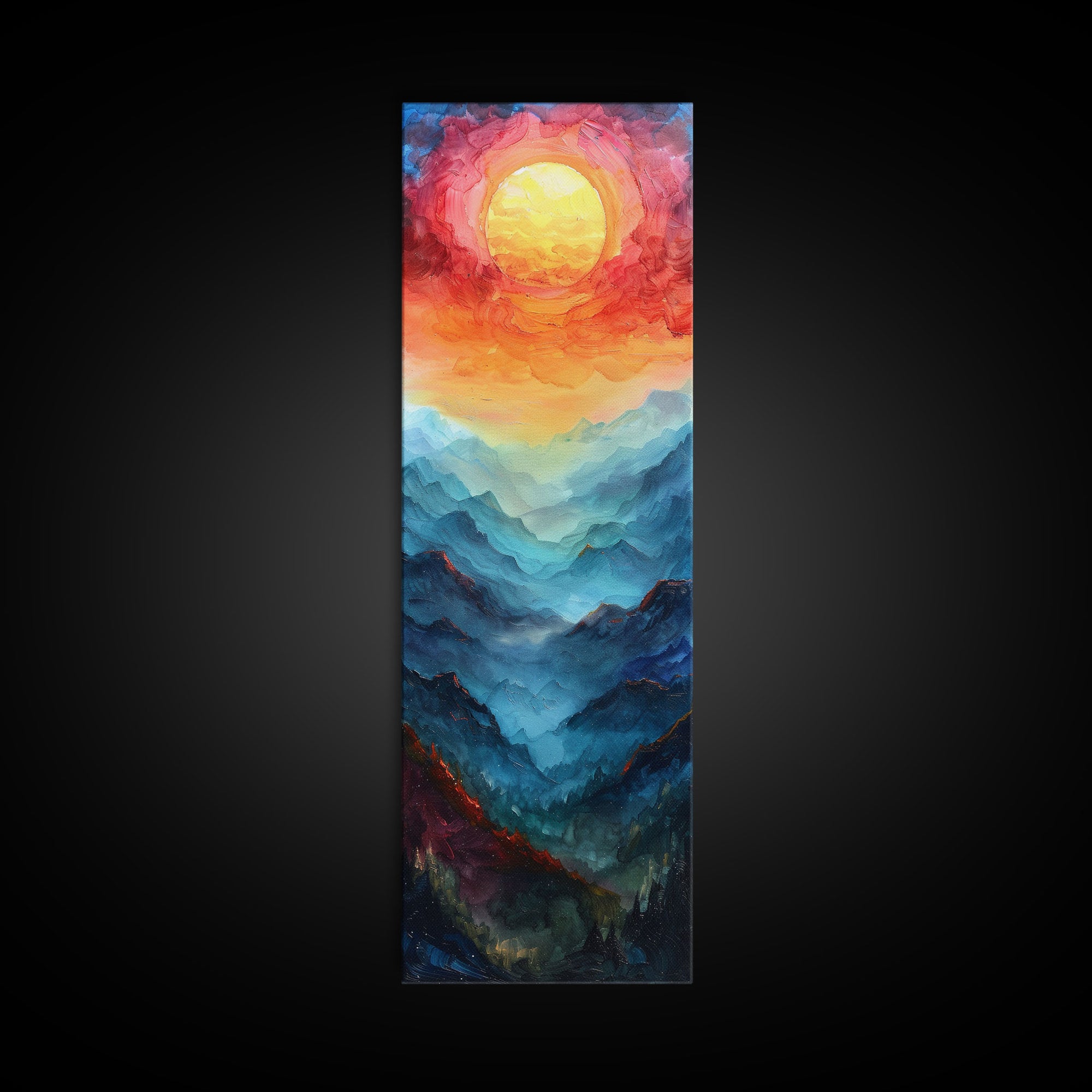 Majestic Sunrise Over Mountain Range Boho Sunset Landscape Framed Canvas Print Tall Art Japanese Style Art