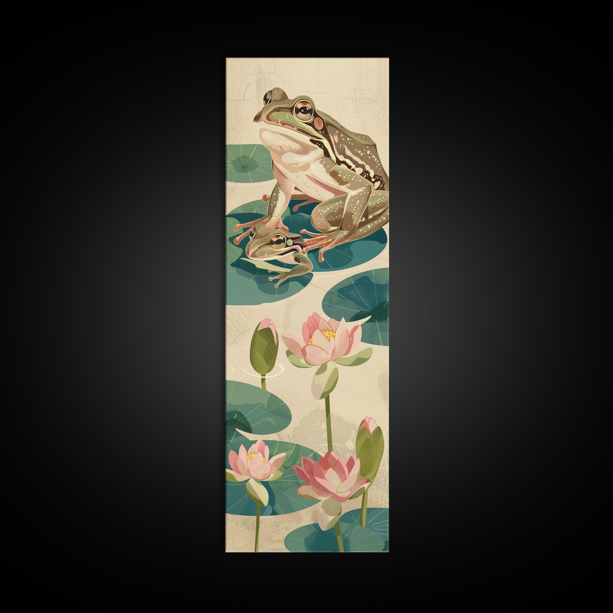Frogs On Lily Pads Canvas In Japanese Ukiyo-e Style, Traditional Woodblock Print, Framed Canvas Print, Tall Skinny Japanese Wall Art, Ready To Hang