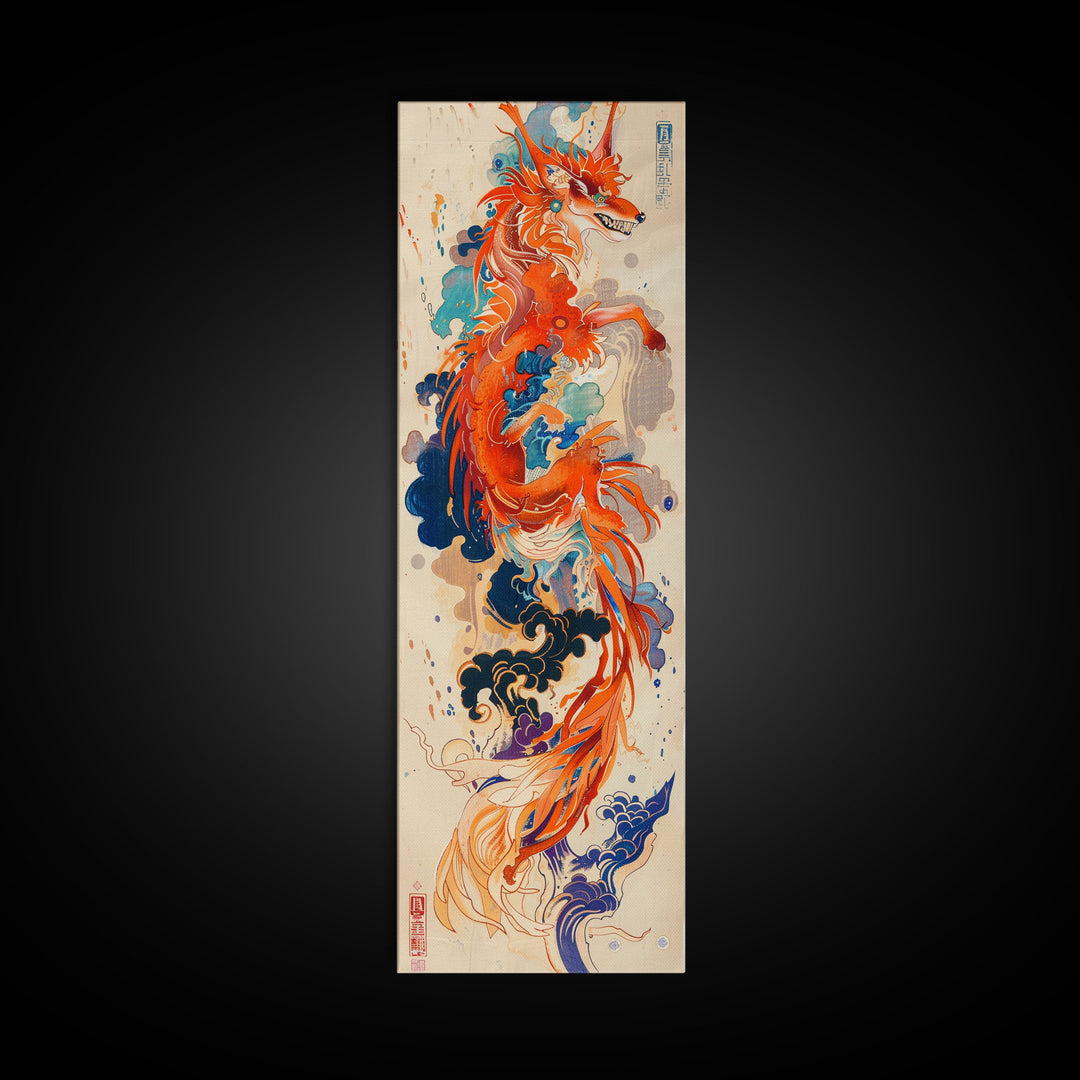 Majestic Red Dragon Soars Skinny Art Tall Art Japanese Ukiyo-e Inspired Mythical Creature Framed Canvas Print