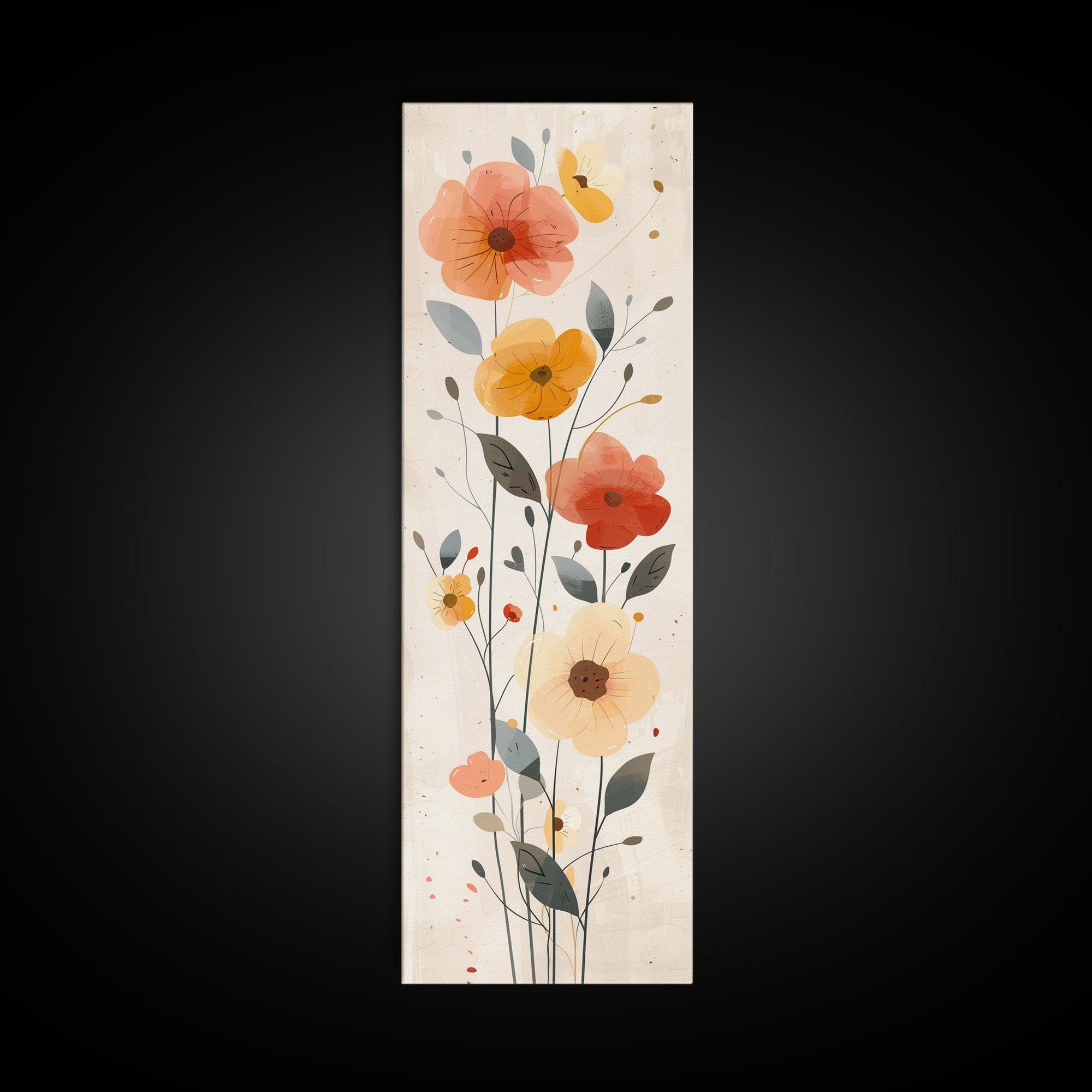 Delicate Poppy Flowers Skinny Art Tall Art Japanese Ukiyo-e Inspired Floral Print Framed Canvas Wall Art