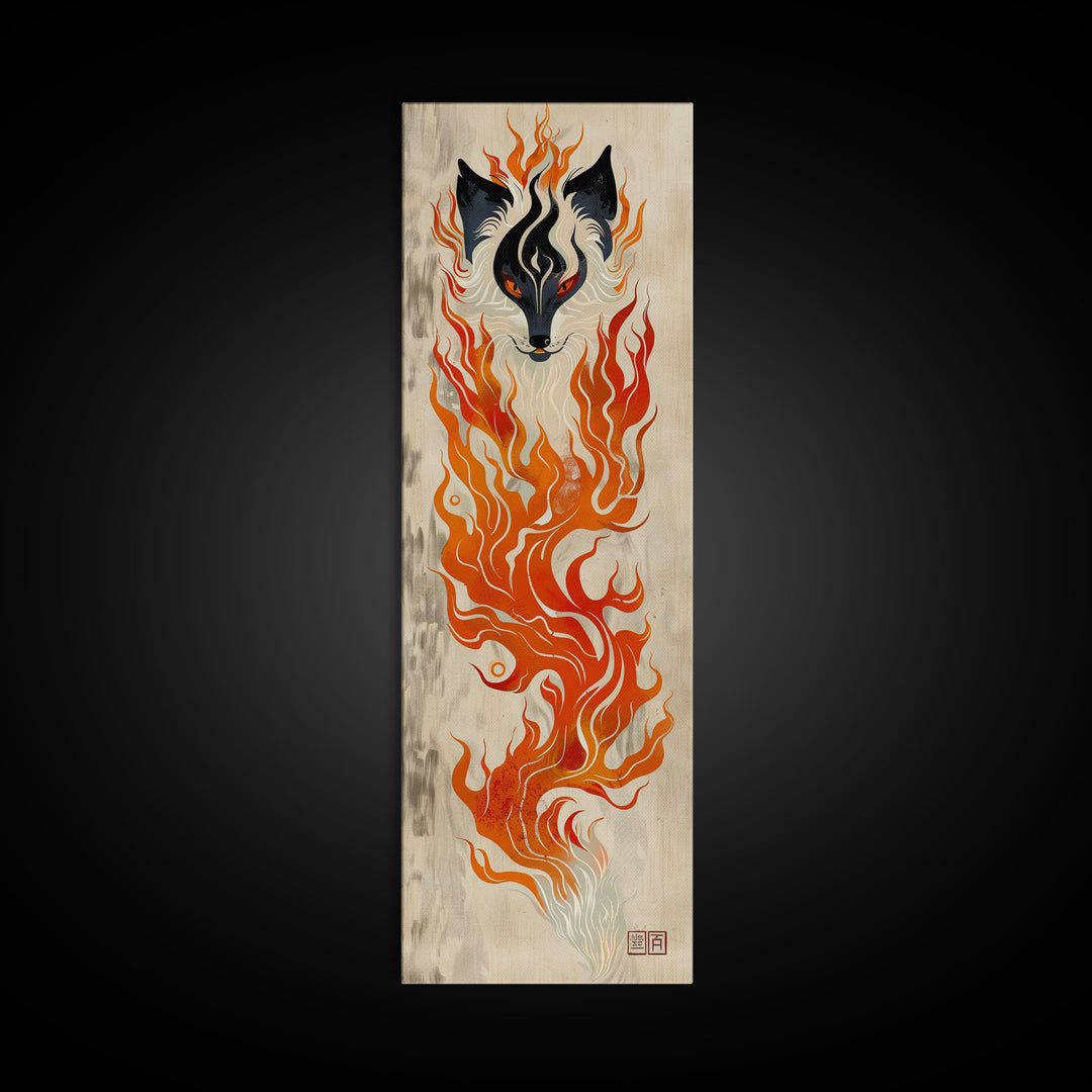 Fiery Kitsune Spirit Skinny Art Tall Art Japanese Ukiyo-e Inspired Mythical Creature Framed Canvas Print