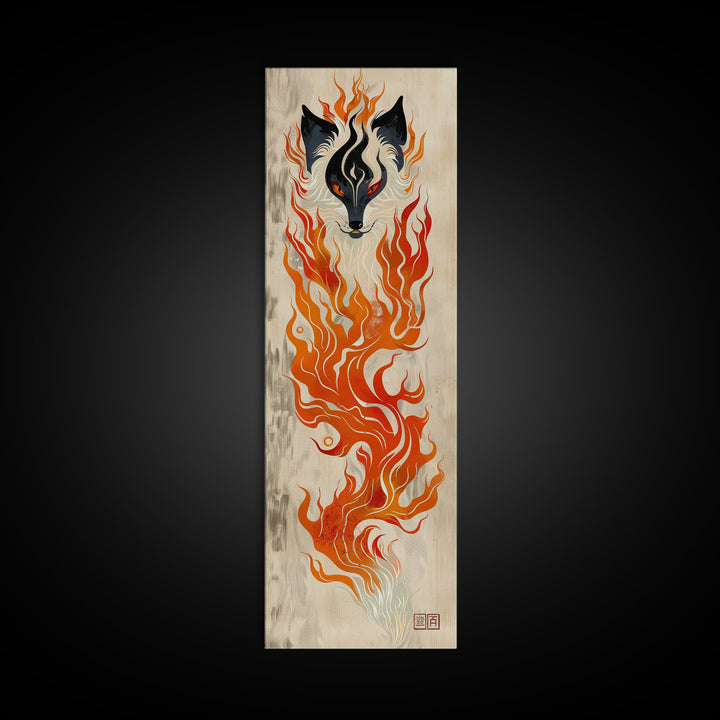Fiery Kitsune Spirit Skinny Art Tall Art Japanese Ukiyo-e Inspired Mythical Creature Framed Canvas Print