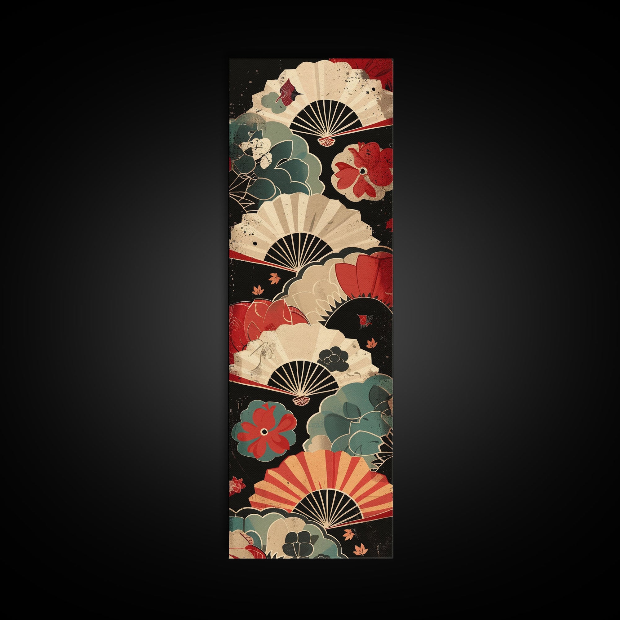 Japanese-Inspired Fan Art in Bold Red and Cream Accents on Tall Vertical Canvas Print Featuring Elegant Floral Design