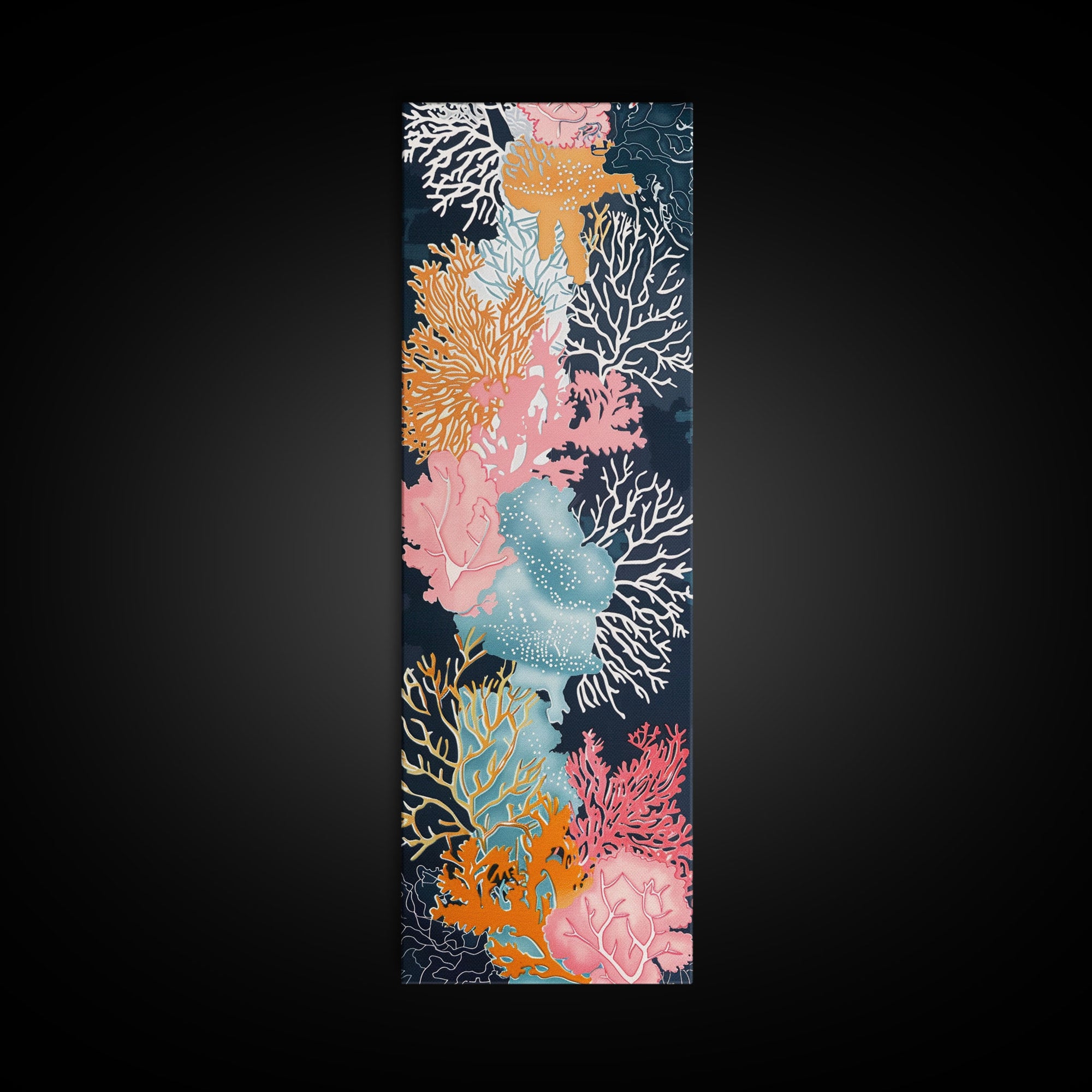 Intricate Coral Reef Art in Vibrant Colors on Tall Vertical Canvas Print Perfect for Underwater Sea Life-Themed Decor