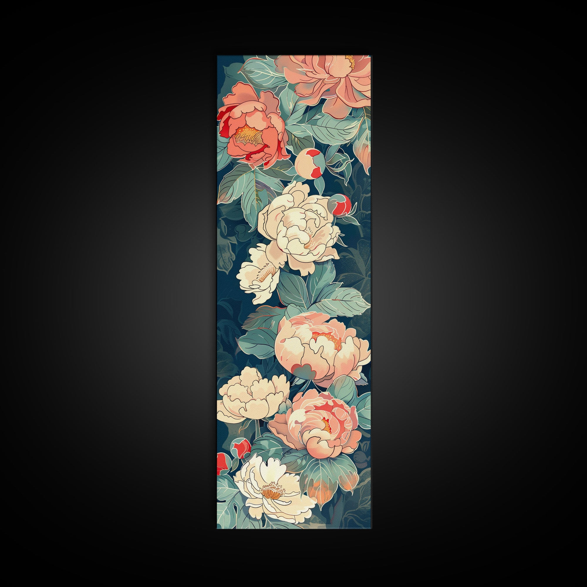 Delicate Peony Blossoms in Soft Pastel Hues on Japanese-Inspired Tall Vertical Canvas Print for Elegant Floral Decor