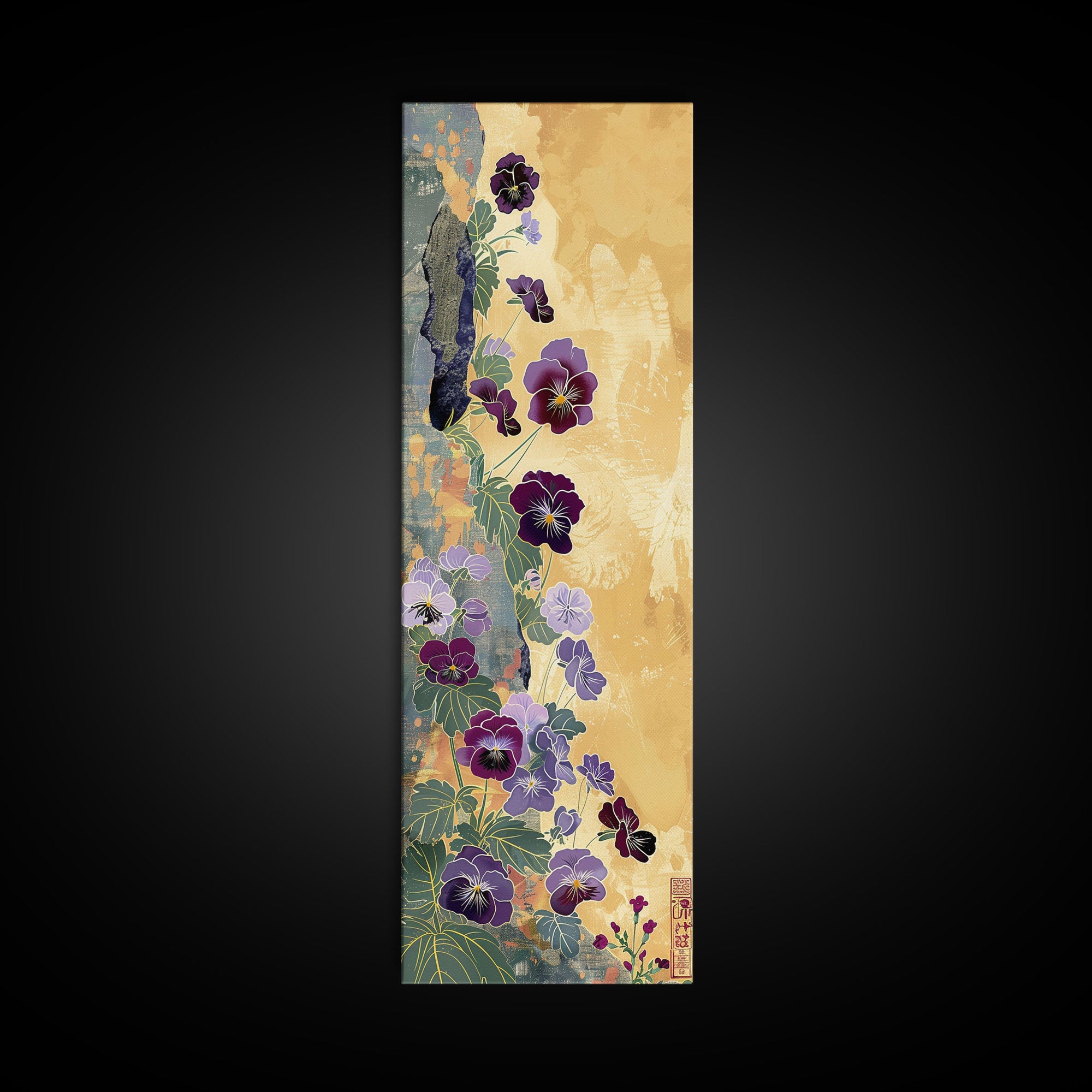 Deep Purple Pansy Flowers Against Textured Gold Background on Tall Vertical Canvas Print for Rich Floral Wall Decor