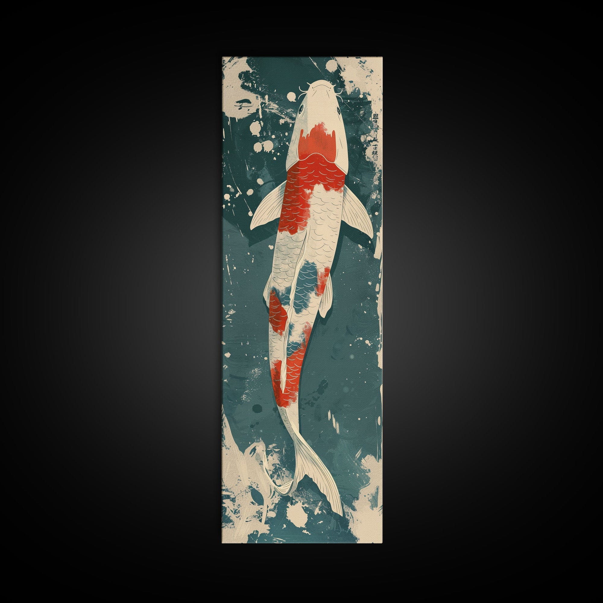 Serene Koi Fish Swimming in Deep Blue Water with Red Accents on Tall Vertical Japanese-Inspired Canvas Print