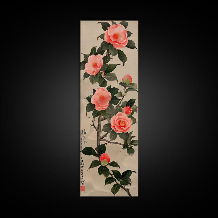 Framed Canvas Print Of Japanese Floral Art With Camellia Blossoms And Detailed Leaves Ready To Hang Traditional Japanese Wall Art Decor