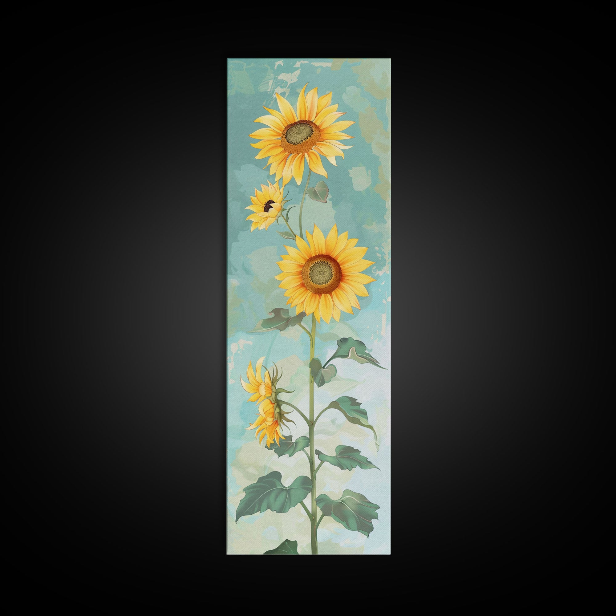 Japanese Skinny Art of Sunflowers with Golden Petals and Verdant Stems on a Pastel Blue Background – Framed Canvas Print