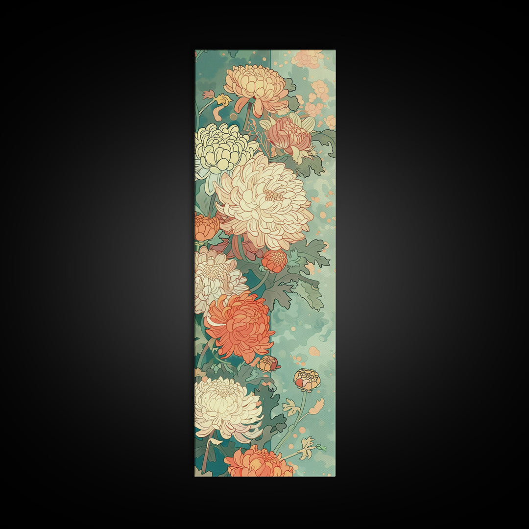 Skinny Art of Chrysanthemums in Soft Pastels with Intricate Petal Design on Framed Canvas Print