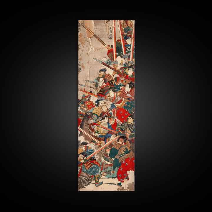 Samurai Warriors in Battle – Traditional Japanese Skinny Art with Historic Details – Framed Canvas Print